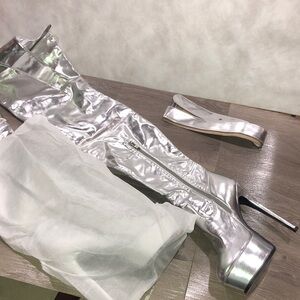 Silver High Heel Thigh-High Crotch Harness Belt Boots New